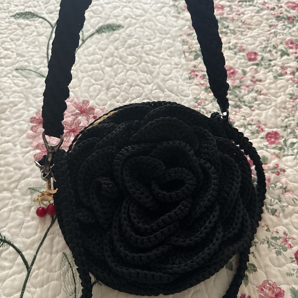 Black Rose Crochet Shoulder Bag